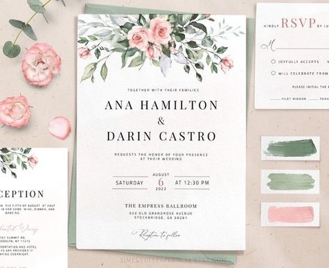 Sage Green and Blush Wedding: Ideas, Dresses and Decor Wedding Invitations Blush And Sage, Wedding Invitation Sage Green And Blush, Sage Green And Pink Wedding Invitations, Blush Pink And Sage Green Wedding Centerpieces, Sage Green And Blush Wedding Invitations, Sage And Blush Wedding Invitations, Eucalyptus And Blush Wedding, Eucalyptus And Pink Wedding, Sage Green And Blush Pink Wedding