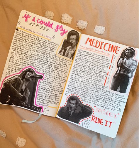 Harry Styles Journal Page, Harry Styles Journal, Song Journal, Style Scrapbook, Scrapbook Cover, Music Journal, Harry Styles Poster, Bulletin Journal Ideas, Pretty Journals