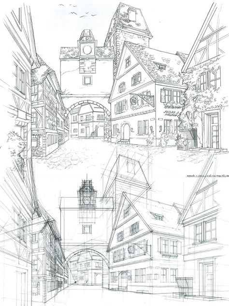 Village Architecture, Village Drawing, Comic Book Layout, Perspective Drawing Architecture, Bg Design, Art Village, Fantasy Drawings, City Drawing, Perspective Art