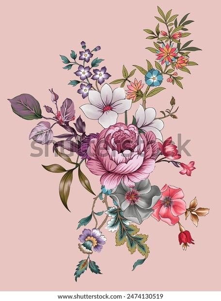 Botanical Flower Bunch, Digital Flowers Bunch, Textile Motifs, Mughal Flower, Flower Hd, Floral Abstract Art, Canadian Smocking, Shutter Stock, Draw Flowers