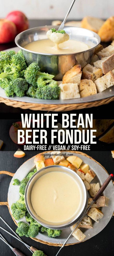 White bean beer fondue makes for a fun appetizer to be shared among friends, whether for a dinner party or a game night! This creamy, low-fat, fondue is a delicious crowd-pleaser, especially with its beer-tinged aroma. #veganbowlattack #vegan #soyfree #dairyfree #appetizer Vegan Dressings, Healthy Munchies, Vegan Appetizer, Vegan Party Food, Satisfying Eats, Vegan Party, Veg Food, Appetizers For A Crowd, Fondue Recipes