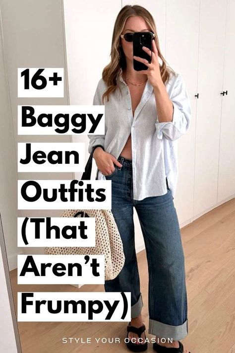 Want to rock the 90s baggy jean outfit aesthetic and looking for cute and casual baggy outfit ideas for 2024? We’re sharing 15+ chic baggy jean outfit ideas that don’t look frumpy- perfect for everyday style and outfits. Whether you’re looking for blue, black, or white wide leg jeans outfit ideas for women, we’ve got you covered! Womens jeans outfits, casual style, summer outfits Slouchy Boyfriend Jeans Outfit, 90s Baggy Jeans Outfit, Casual Jean Outfits, Baggy Jeans Outfit Aesthetic, Cuffed Jeans Outfit, Baggie Jeans Outfit, Jean Outfit Ideas, How To Style Baggy Jeans, Loose Jeans Outfit