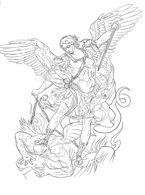 Saint Michael Tattoo Stencil, Michael Vs Lucifer Tattoo, Arhangel Mihail Tattoo, St Michael Drawing, Michael Vs Lucifer, St Michael Tattoo Design, Michael Angelo Tattoo, Arch Angel Michael Tattoo, Saint Michael Tattoo Design