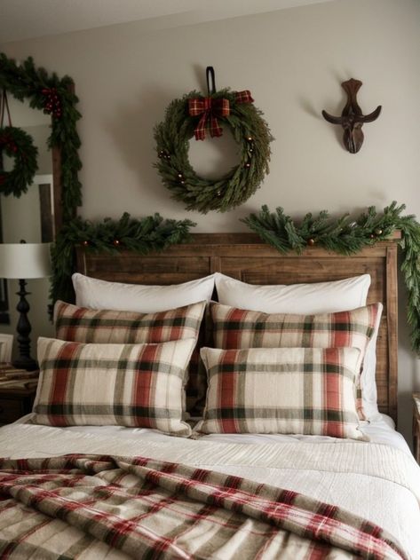 Create a festive farmhouse-inspired bedroom by decorating with cozy plaid blankets and pillows. Hang a charming wreath on the wall and add some rustic wooden accents for a cozy Christmas feel. Cottagecore Fall, Plaid Blankets, Blankets And Pillows, Food Summer, Trending Tiktok, Christmas Bedroom, Photography Food, The Perfect Christmas, Farmhouse Bedroom