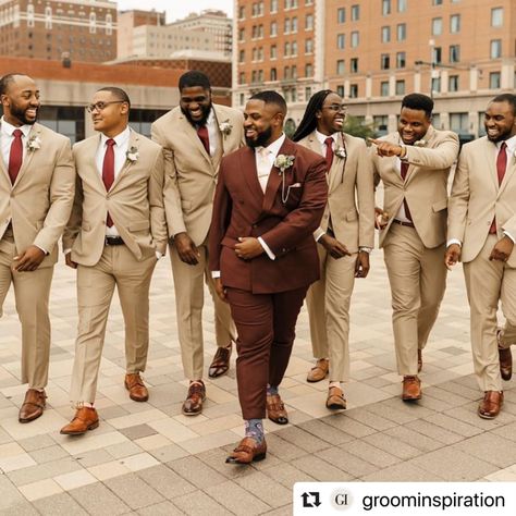 Champagne Tuxedo Groomsmen, Burnt Orange Wedding Groomsmen Grey Suits, Shades Of Brown Groomsmen Suits, Fall Groomsmen Attire Black, Copper Groomsmen Attire, Earth Tone Groomsmen, Rust Wedding Color Groomsmen, Maroon Groomsmen Attire, Groomsmen Attire Brown