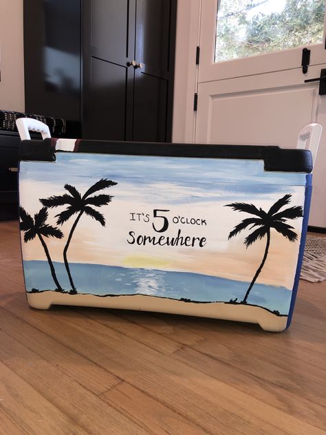 Beach Cooler Painting, Painted Frat Cooler Ideas, Frat Beach Weekend Cooler, Beach Frat Cooler, Cooler Painting Ideas, Pike Cooler, Mountain Weekend Cooler, Painted Fraternity Coolers, Projector Art