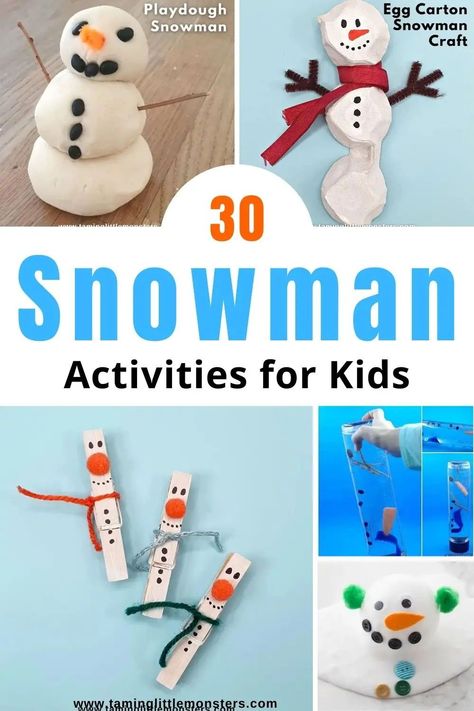 ☃ 30 Fun Snowman Activities for Kids. Snowman themed crafts and play ideas for toddlers and preschoolers. Perfect for the winter season. #winter #artsandcrafts #playideas #toddler #preschool Snowman Activities For Kids, Snowman Crafts Preschool, Play Ideas For Toddlers, Snowman Activities, Sock Snowman Craft, Seasons Preschool, Winter Crafts For Toddlers, Easy Winter Crafts, Snowmen Activities