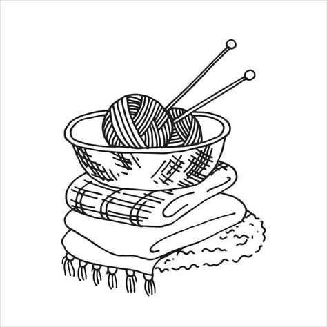 vector illustration in doodle style basket with yarn for knitting, knitting needles, crochet hook. cozy basket for home crafts, hobby symbol, handmade Yarn Basket, Doodle Style, Crochet Hook, Knitting Needles, Crochet Hooks, Embroidery Patterns, Vector Art, Home Crafts, Vector Illustration