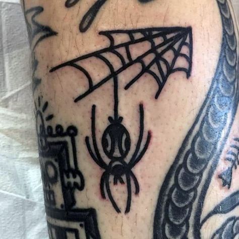 Tattoo Ideas For Men Traditional, Trad Spider Tattoo, Small Filler Tattoo Ideas Men, Traditional Tattoos Simple, Small Traditional Tattoo Men, Web Traditional Tattoo, Small Old School Tattoo, Filler Traditional Tattoo, Small Arm Tattoo Ideas