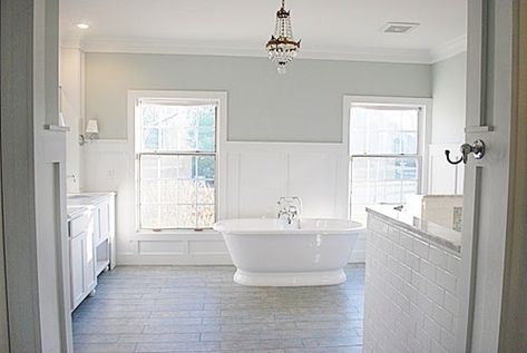 Light & airy master bathroom. Paint color is Sea Salt by Sherwin Williams. Light Blue Grey Paint, Sea Salt Paint, Best Bathroom Paint Colors, Bedroom Paint Colors Master, Sea Salt Sherwin Williams, Blue Gray Paint Colors, Spa Like Bathroom, Bathroom Paint Colors, Bathroom Color