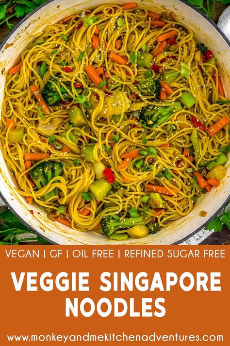 Veggie Singapore Noodles - Monkey and Me Kitchen Adventures Vegetarian Singapore Noodles, Veggie Stir Fry Recipes, Vegetable Noodle, Monkey And Me Kitchen Adventures, Monkey And Me, Singapore Noodles, Oil Free Vegan Recipes, Plantbased Recipes, Gluten Free Noodles