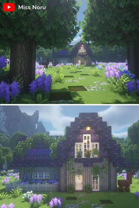 Minecraft Purple Aesthetic, Minecraft Houses Purple, Minecraft Purple House, Purple Cottagecore Aesthetic, Purple Minecraft House, Cute Cottage Minecraft, Witch House Minecraft, Minecraft Empire, Cottagecore House Minecraft