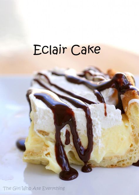 This Chocolate Eclair Cake has a cream puff crust, vanilla cream cheese layer, whipped cream, and a chocolate drizzle. It's all the flavors of an eclair in cake form. the-girl-who-ate-everything.com Eclair Cake Recipes, Chocolate Eclair Cake, Eclair Cake, Chocolate Eclair, A Piece Of Cake, Good Eat, Think Food, Piece Of Cake, Cake Chocolate