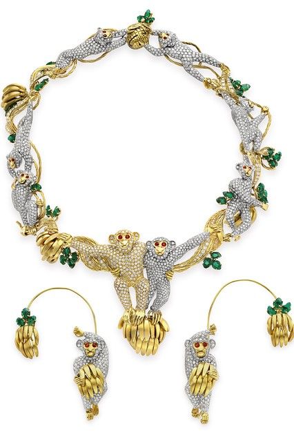 A suite of diamond and multi-gem monkey jewelry, from the collection of the Baron and Baroness di Portanova. A gift from Michael Jackson. Elizabeth Taylor Diamond, Monkey Jewelry, Elizabeth Taylor Jewelry, Diamond Tiara, Jewelry Auction, Monkey Business, Royal Jewels, Ruby Jewelry, Antique Diamond