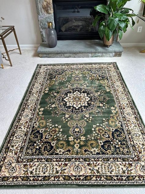 Dark Green Persian Rug, Dark Green Area Rug Living Room, Green Persian Rug Living Room, Dark Green Rugs, Green Persian Rug, Green Rug Living Room, Dark Academia Living Room, Rug Under Bed, Persian Rug Living Room