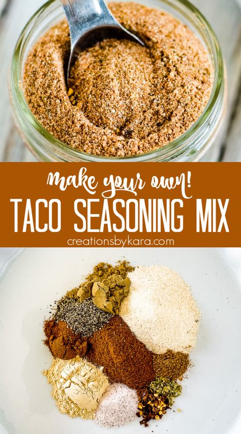 Making homemade Taco Seasoning Mix is so easy, and the taste can't be beat. You may want to triple the batch so you can always have it on hand for Taco Tuesday! #homemadetacoseasoning #tacomeatseasoning #tacoseasoning #glutenfreetacoseasoning #ketotacoseasoning -Creations by Kara Homemade Taco Seasoning Easy, Taco Seasoning Homemade, Easy Taco Seasoning For 1 Lb, Taco Seasoning Homemade For 1 Lb, Homemade Mild Taco Seasoning, Taco Meat Seasoning, Homemade Taco Seasoning Recipe Bulk, Taco Seasoning Easy, Gluten Free Taco Seasoning