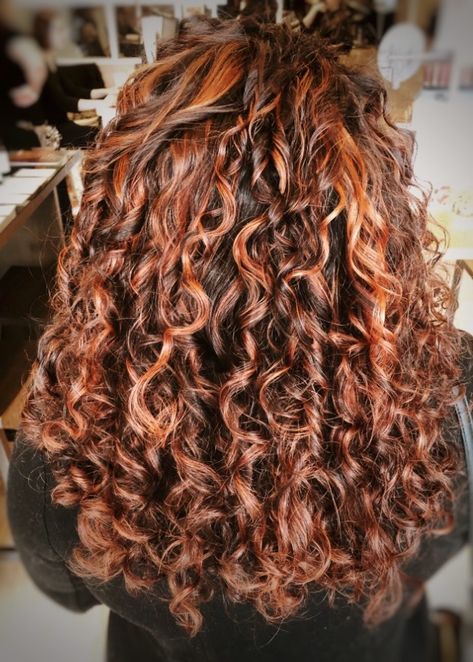 Curly red auburn hair with copper highlights  Curls Ouidad Hair With Copper Highlights, Copper Highlights On Brown Hair, Auburn Balayage, Red Hair With Highlights, Red Curls, Dyed Curly Hair, Red Blonde Hair, Highlights Curly Hair, Copper Highlights