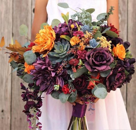 Dark purple, green, and marigold bouquet Jewel Tone Wedding Flowers, Orange Purple Wedding, Purple Fall Wedding, Fall Purple, Large Bouquet, Orange Bouquets, Fall Bouquet, Independence Mo, Burnt Orange Weddings