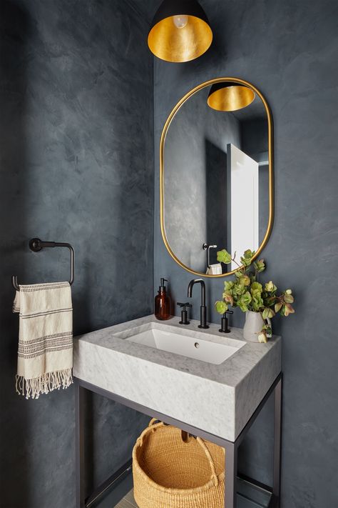 Moody Powder Bathroom, Black Pedestal Sink, Powder Room With Pedestal Sink, Black And Brass Pendant Light, Bathroom Pedestal, Bathroom Pedestal Sink, Venetian Plaster Walls, Powder Bathroom, Black Faucet