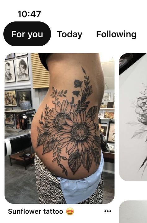 Women’s Sunflower Tattoo, Sunflower Tattoo On Buttcheek, Sunflower Tattoos Shoulder, Hip Coverup Tattoos Women, Sun Flower Back Tattoo, Hip Sunflower Tattoo, Sunflower Leg Sleeve, Side Sunflower Tattoo, Thigh Tattoos Women Sunflower