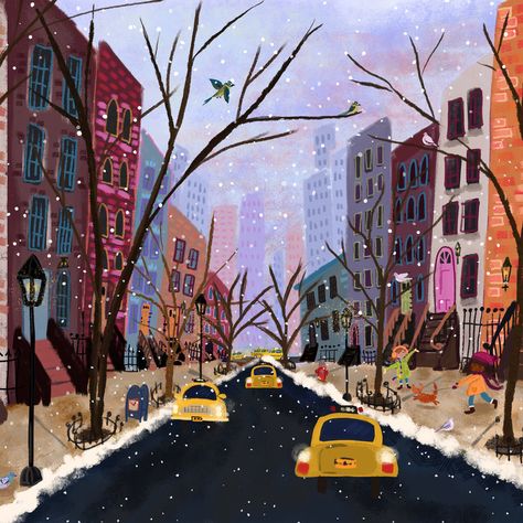 Winter City Illustration, Joy Laforme, Fun Paintings, New York Snow, New York Illustration, Winter Illustration, Picture Books Illustration, Nyc Art, City Illustration