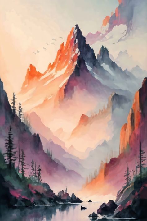 Soft Pastel Mountains, Misty Mountains Painting Acrylic, Watercolor Art Fantasy Landscape, Misty Mountain Painting, Mountain Sunrise Painting, Watercolour Sunrise, Alaska Watercolor, Spiritual Watercolor, Misty Watercolor