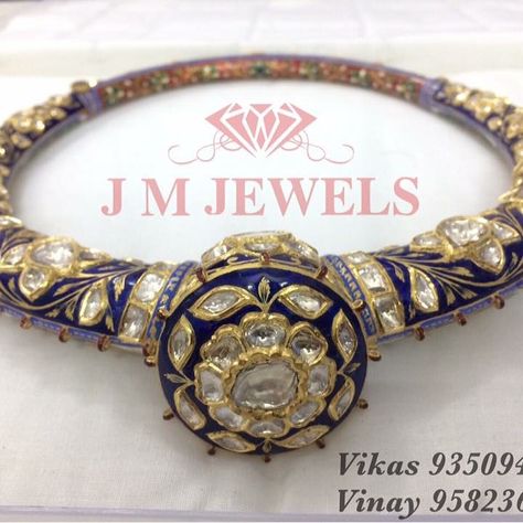 Exquisite Blue Meena #polki #Hasli , a rich #RAJGHARANA #NECKLACE #JEWELLERY , carved out of gold, studded with #DIAMOND # POLKI. For any queries contact us on J M JEWELS. Contact Us, Bracelet Watch, Carving, Gold, Blue