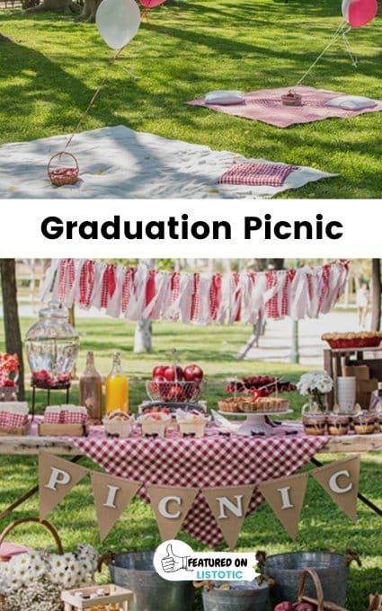 Have a picnic for your graduate! Fun outdoor theme for a backyard graduation party. Red and white checkered table cloths, picnic blankets for extra setting. Very inexpensive but fun Graduation Party theme for your backyard party! Outdoor Graduation Party Decorations, Graduation Picnic, Graduation Party Ideas Decorations, Girl Graduation Party, Checkered Table, Graduate Party, Backyard Graduation Party, Outdoor Graduation Parties, Outdoor Graduation