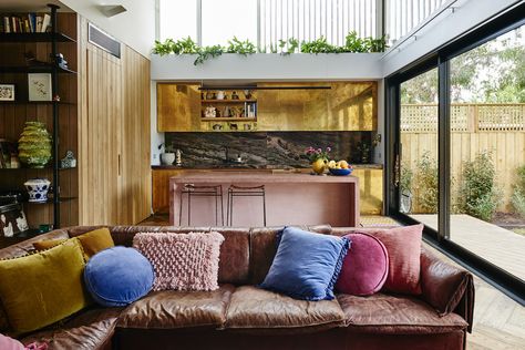 There Is Nothing Predictable About This Bold Melbourne Home - Kip And Co, Colored Concrete, Melbourne House, Brass Kitchen, Lounge Design, Gorgeous Kitchens, Beautiful Kitchens, Cheap Home Decor, Apartment Therapy