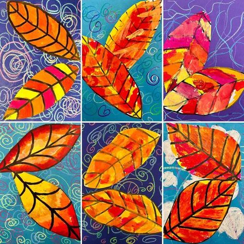 Lauralee Chambers🌀 on Instagram: "Finishing up Warm leaves, and Cool skies. Leaves drawn, painted, cut and glued by 3rd graders. Paint is @kwikstixpaint ❤️ #autumnleaves #fall #fallartprojects #falltheme #warmcolors #natureart #artseason #thirdgrade #artlessons" Leaf Art Kindergarten, Fall Leaf Art Projects For Kindergarten, Kindergarten Leaf Art, Leaf Art Elementary, Elementary Leaf Art Project, 3rd Grade Art Lesson, Art Education Lessons, Fall Art Projects, 3rd Grade Art