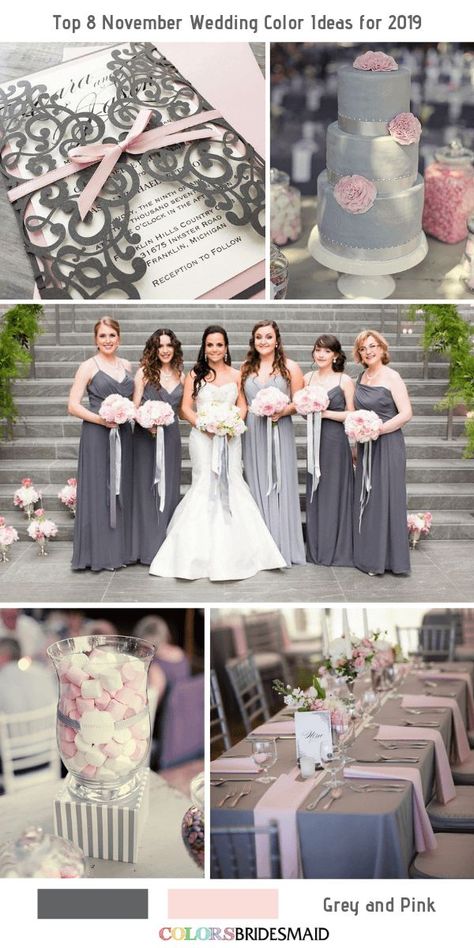 November Wedding Dresses, November Wedding Colors, Hunter Green Bridesmaid Dress, Colour House, Pink Grey Wedding, Gray Wedding Cake, Maroon Bridesmaid, Gray Wedding Colors, Maroon Bridesmaid Dresses