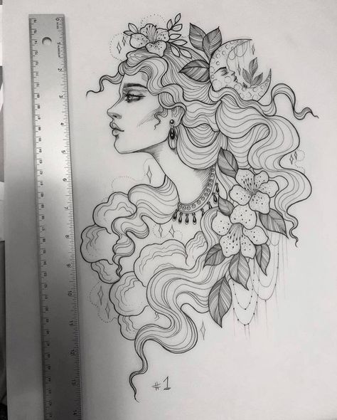 Women’s Face Tattoo Design, Side Profile Woman Tattoo, Neo Traditional Goddess Tattoo, Lady Head Tattoo Neo Traditional, Feminine Head Tattoo, Woman’s Face Tattoo Design, Ethereal Woman Tattoo, Realism Feminine Tattoo, Face Flowers Drawing