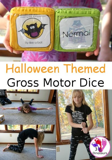 Free Halloween Themed Gross Motor Dice - 3Dinosaurs.com #printablesforkids  #freeprintable #3dinosaurs #grossmotor #grossmotordice #3dinosaurs Halloween Gross Motor, October Lesson Plans, October Lessons, Monster Activities, 3 Dinosaurs, Halloween Preschool, Gross Motor Activities, Movement Activities, Education Activities