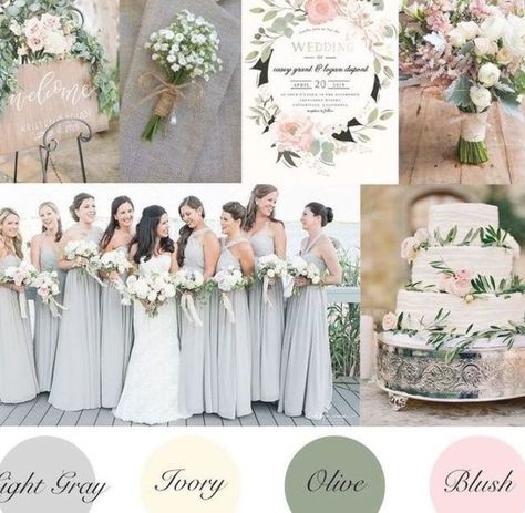 Light gray ivory olive and blush summer wedding colors. Wedding inspiration s pictures Ivory Bridal Party, Childminding Ideas, Unbreakable Vow, Wedding Themes Summer, March Wedding, Wedding Colours, Wedding Colour, Spring Wedding Colors, Blush Gold