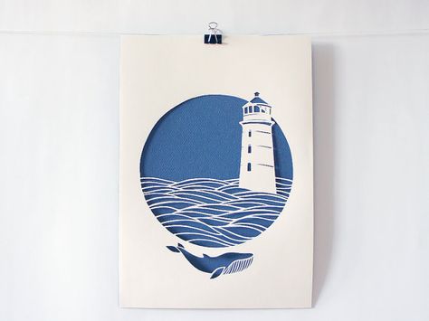 Lighthouse, handmade papercut poster, beige, navy blue, paper A4 Papercut Poster, Neli Quilling, Paper Cutout Art, 3d Paper Art, 타이포그래피 포스터 디자인, Layered Art, Paper Artwork, Paper Cut Art, Arte Fantasy