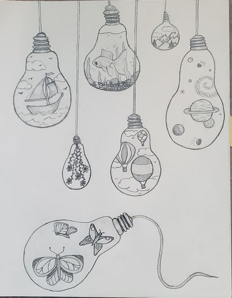 Aesthetic Light Bulb Drawing, How To Draw Lightbulb, Drawing Ideas Light Bulb, Light Bulb Sketch Drawings, Lightbulb Drawings Simple, Hanging Lightbulb Drawing, Easy Light Bulb Drawings, Ball Of Light Drawing, Lightbulb Art Drawing