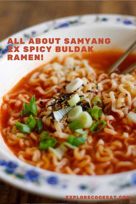 A blue patterned bowl with 2x spicy buldak ramen noodles in a spicy broth garnished with green onions and seaweed flakes.  There is a pair of silver chopsticks in the bowl. Spiciest Noodles, Spicy Buldak Ramen, Buldak Ramen Recipe, Buldak Ramen, Ramen Recipe, Spicy Noodles, Ramen Recipes, Spicy Recipes, Party Food