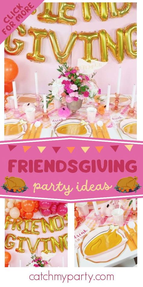 Check out this wonderful pink Friendsgiving party! The table settings are lovely! See more party ideas and share yours at CatchMyParty.com Friendsgiving Birthday Party Kids, Girly Friendsgiving, Teen Friendsgiving Party Ideas, Kids Friendsgiving Party Ideas, Pink Friendsgiving, Friendsgiving Ideas Decorations, Thanksgiving Birthday Party, Friendsgiving Party Ideas, Pink Friends