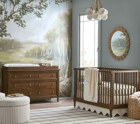 Convertible Cribs | Pottery Barn Kids Pottery Barn Woodland Nursery, Pride And Prejudice Nursery, Vintage Twin Nursery, Chris Loves Julia Nursery, Earthy Nursery Ideas, Pottery Barn Baby Nursery, Neutral Twin Nursery, Dark Wood Nursery, Lotr Nursery