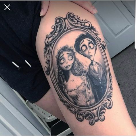 Emily And Victor Tattoo, Victor And Emily Tattoo, Corpes Bride Tattoos, Victor Corpse Bride Tattoo, Corpse Bride Tattoo Design, Tim Burton Movie Tattoos, Edward Scissorhands Tattoo Ideas, Jack And Sally Couple Tattoo, Sally Tattoo Tim Burton