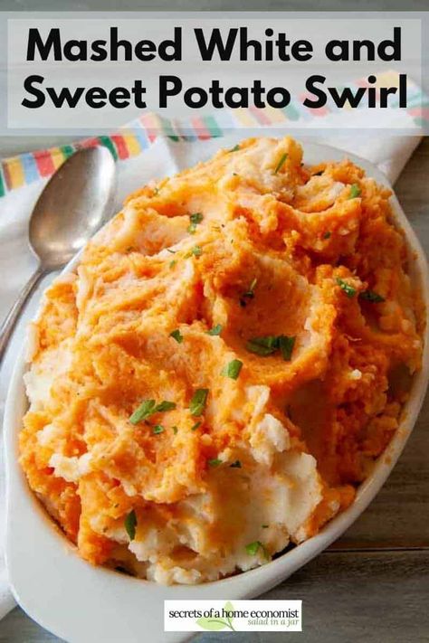 Mashed White and Sweet Potato Swirl Recipe | Salad in a Jar White And Sweet Potato Recipes, Mashed Sweet Potato Casserole Recipe, Sweet Potatoes Savory, White Sweet Potato Recipe, Potato Recipes Mashed, Potato Recipes Baked, White Sweet Potato, Easy Sweet Potato Recipes, Sides For Dinner