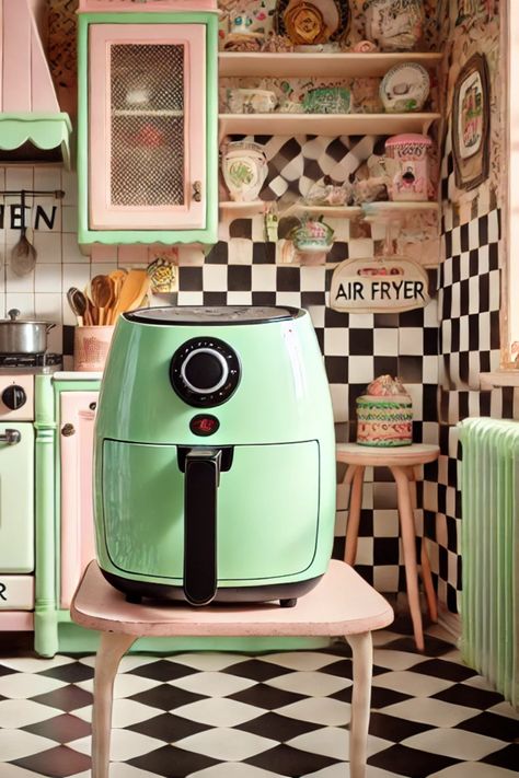 Eclectic Kitchen Decor are growing with popular demand, with a focus on vintage appliances  especially pastel air fryers, are bringing a playful twist to modern kitchens. These vibrant air fryers, often in shades like mint green, baby blue, or soft pink, combine vintage charm with contemporary functionality. They offer a healthier way to fry, roast, and bake while adding a pop of color that complements retro-inspired kitchens. Perfect for those who love a nostalgic aesthetic. Recipes With Nutrition Facts, Cosori Air Fryer, Eclectic Kitchen Decor, Green Appliances, Food Nutrition Facts, Nostalgic Aesthetic, Vintage Appliances, Kitschy Kitchen, Eclectic Kitchen