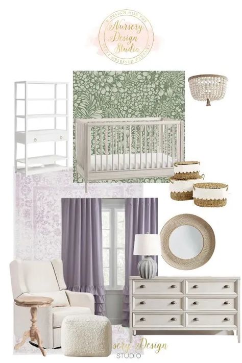 Light Purple Nursery Lavender, Purple And Sage Nursery, Purple And Green Baby Room, Sage Green And Lavender Living Room, Purple Green Nursery, Sage Green And Lilac Nursery, Sage Green And Purple Nursery, Sage Green And Mauve Nursery, Lavender And Green Nursery