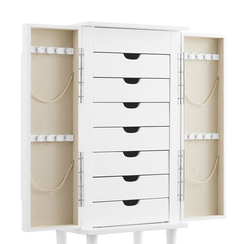 Experience a new level of jewelry organization and display with this exceptional armoire. Explore a myriad of possibilities as the side panels unfold, revealing two rows of hooks for elegantly hanging your chains and bracelets on both sides. Wall Jewelry Organizer, Jewelry Organizer Wall, Armoires & Wardrobes, Life Tools, Luxurious Bedroom, Jewelry Cabinet, Primary Bedroom, Online Furniture Shopping, Cabinets Organization