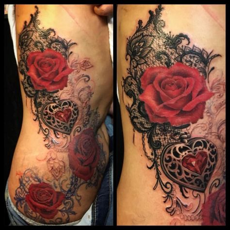 Heart With Rose Tattoo, Roses And Lace Tattoo, Tattoos For Women On Thigh, Lace Sleeve Tattoos, Heart With Rose, Lace Tattoos, Pictures Of Tattoos, Realistic Rose Tattoo, Lace Tattoo Design