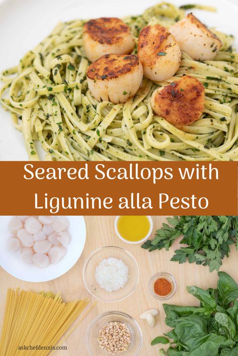 Pan-Seared Scallops is a delicious restaurant-style dish that's easy to prepare in your home kitchen. Fresh from the sea, and served with a basil pesto tossed with linguine! Scallop Linguine, Bay Scallop Recipes, Scallop Recipes Pasta, Scallop Pasta, Fresh Scallops, Sea Foods, Basil Pesto Recipes, Pan Seared Scallops, Pesto Pasta Recipes