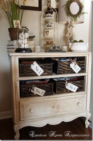 An old dresser/cabinet without drawers - replaced with baskets & painted & glazed. Dresser With Baskets, Dresser Without Drawers, Dresser Transformation, Old Dressers, Refurbished Furniture, Redo Furniture, Furniture Inspiration, Repurposed Furniture, Upcycled Furniture