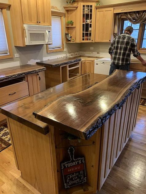 Rustic Sinks Kitchen, Cabin Countertop Ideas, Barndo Kitchen Ideas Farmhouse, Live Edge Kitchen Countertops, Wood Cabinets Black Countertops, Diy Wood Countertops Kitchen, Solid Wood Countertops, Rustic Kitchen Countertops, Live Edge Countertop