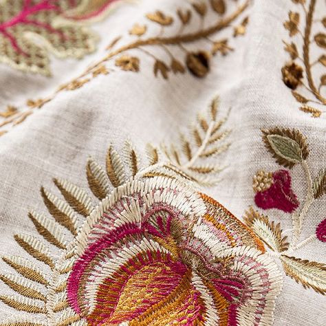 GP & J Baker on Instagram: "'Burford Embroidery' is an extremely beautiful fabric from the NEW Burford Embroideries collection. Featuring a delicate leaf ogee design with elaborate Indienne flowers, the exotic colour combinations evoke the romance of textiles imported by the East India Company in the 18th Century. Pictured 'Burford Embroidery' in the red/bronze colourway. @leejofa #leejofaluxury #decorationinterieur #interieurinspirate #maison #tissus #decoration #interiordesign #artisan #home #luxury" Bronze Embroidery, Artisan Home, East India Company, Home Luxury, Colour Combinations, The East, Beautiful Fabric, 18th Century, Color Combinations