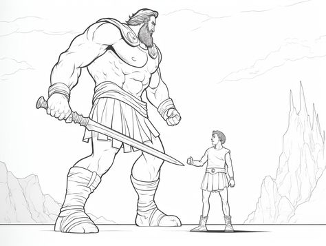 illustration of David and Goliath coloring experience David And Goliath Coloring Page, Goliath Coloring Page, Sunday School Projects, Mandala Turtle, Coloring Page For Adults, Religion And Spirituality, David And Goliath, Bible Coloring Pages, Biblical Studies